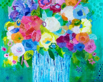 Whimsical Floral Painting: Abstract Flower Collage Art Print