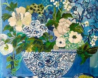 Chinoiserie Floral Art Print: Blue, White, and Peonies