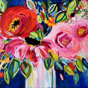 Large Bold Floral Still LIfe, FINE Art Print, Bright Bouquet, Abstract Flowers, Colorful Bouquet, Indigo, Navy, and Pink Flowers