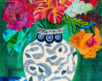 Moroccan Floral Still Life: Vibrant Collage Giclee Canvas Print