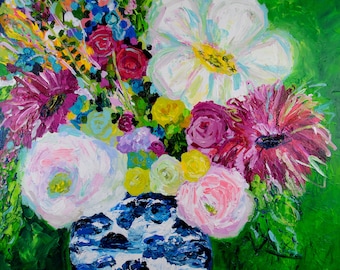 Floral Still Life Giclee Print: Blue Ginger Jar, Colorful Abstract Flowers