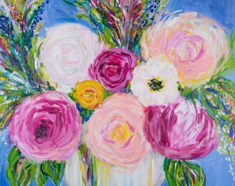 Large Colorful Floral Still Life, Bright Bouquet, Pink Peonies, Floral FINE ART PRINT, Giclee Print on Canvas