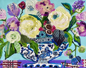 Blue and White Ginger Jar Flower Art Floral Still Life FINE art PRINT of Mixed Media Painting Garden Chintz