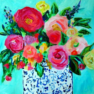 Colorful Still Life, Flowers in Blue and White Ginger Jar, GICLEE PRINT,  "Jemma" by Carolyn Shultz