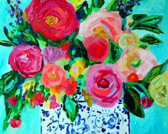 Colorful Still Life, Flowers in Blue and White Ginger Jar, GICLEE PRINT,  "Jemma" by Carolyn Shultz