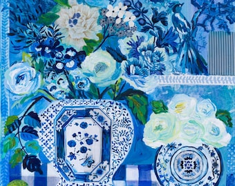Blue Chinoiserie Art Print: Floral Still Life with Peonies