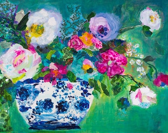 Ginger Jar Floral Canvas Print: Bright Abstract Flower Still Life