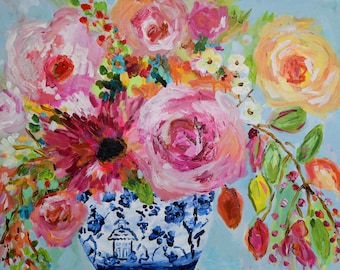 Blue and White Ginger Jar Chinoiserie  Floral Print: Abstract Coral and Pink Floral Fine Art Giclee