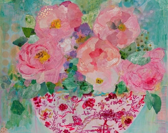 ABSTRACT Floral Still Life with Coral Pink Peonies in Chinoiserie Bowl