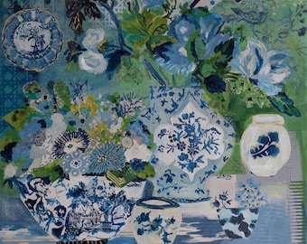Delft Blue Garden Blue and White Ginger Jars with Green, Floral Chinoiserie Abstract Painting Fine Art Giclee Print