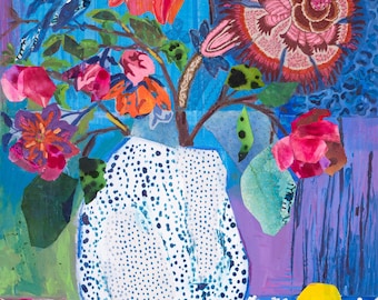Cobalt Blue Abstract Floral with Magenta Giclee Print: Whimsical Mixed Media Still Life with Lemons