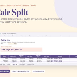 May include: A digital spreadsheet template titled Fair Split for couples to manage shared bills. The interface displays a Settle Up dashboard with monthly financial data, including shared totals, individual payments, and calculated balances for Sam and Alex.