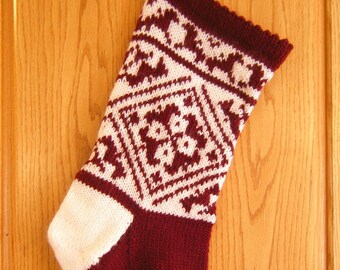 Knitted Christmas Stocking Pattern, Norwegian Stranded Design, Red Lilies Christmas Stocking