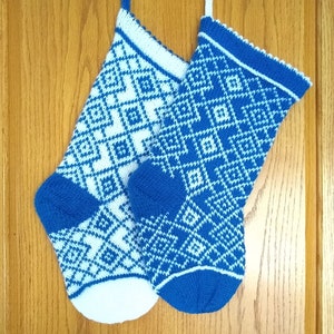 Sapphire Diamonds Christmas Stocking Pattern, Knitted Norwegian Stranded Design