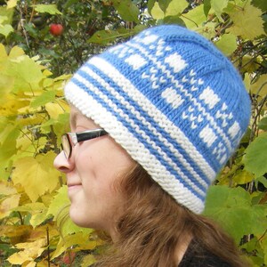 May include: A blue and white knitted hat with a geometric pattern. The hat is worn by a person with brown hair and glasses.