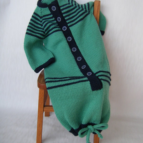 Knitting Pattern PDF Baby Bunting sleep sack, drawstring bottom, seat belt openings, and button front