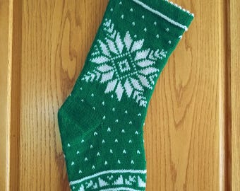 Winter Green Snowflake Christmas Stocking Pattern PDF, Knitted Norwegian Stranded Design