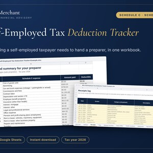 May include: A digital self-employed tax deduction tracker workbook for Excel and Google Sheets. The interface displays a year-end summary for preparers and a receipts log with columns for date, vendor, category, description, and amount paid.