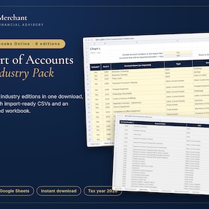 May include: A digital product display for Merchant Financial Advisory featuring a QuickBooks Online 8-Industry Pack Chart of Accounts. The graphic shows two spreadsheet windows with columns for account numbers, names, and types on a dark blue background.