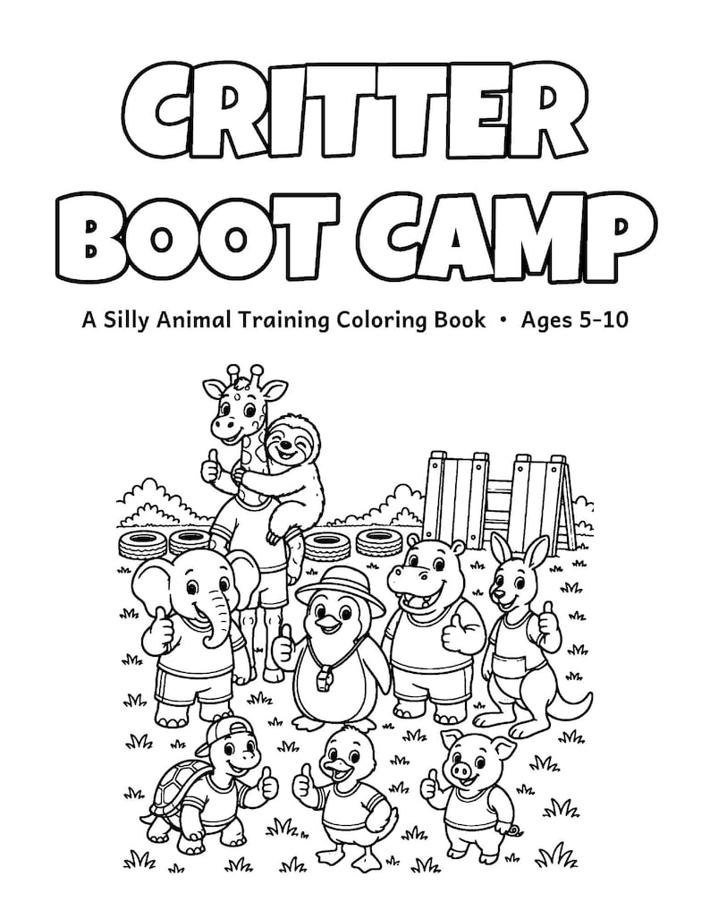 Critter Boot Camp Coloring Book for Kids 5-10, 50 Pages, Silly Zoo and Farm Animals in Training, Printable PDF image 1