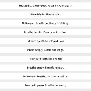 May include: A series of ten horizontal white rectangular strips, each containing black text with mindfulness prompts: Breathe in... breathe out. Focus on your breath. Slow inhale. Slow exhale. Notice your breath. Let thoughts drift by. Breathe in calm. Breathe out tension. Let each breath be soft and slow. Inhale deeply. Exhale and let go. Feel your breath rise and fall. Breathe gently. There is no rush. Follow your breath, one color at a time. Breathe in peace. Breathe out worry.
