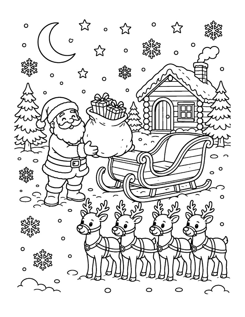 Christmas With Santa Coloring Book for Kids Ages 6-8, 55 Printable Coloring Pages, Santa Elves Reindeer, Instant Download PDF image 4