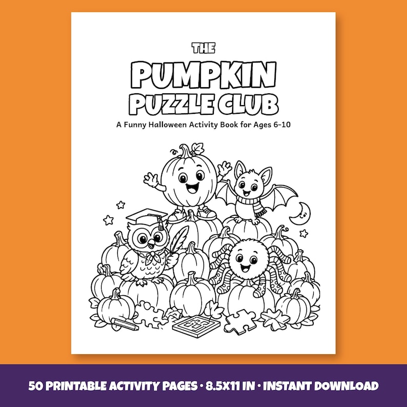 The Pumpkin Puzzle Club Halloween Activity Book for Kids 6-10, 50 Printable Pages, Coloring, Word Search, Mazes, Tracing PDF imagen 1