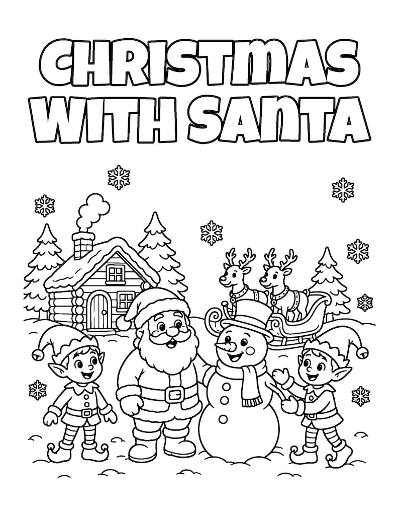 Christmas With Santa Coloring Book for Kids Ages 6-8, 55 Printable Coloring Pages, Santa Elves Reindeer, Instant Download PDF image 1