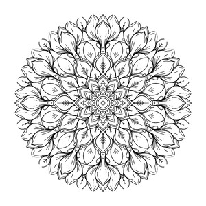 May include: A circular black and white mandala coloring page featuring symmetrical floral petal patterns radiating from a central point. Below the intricate design, the text reads: Let each breath be soft and slow.