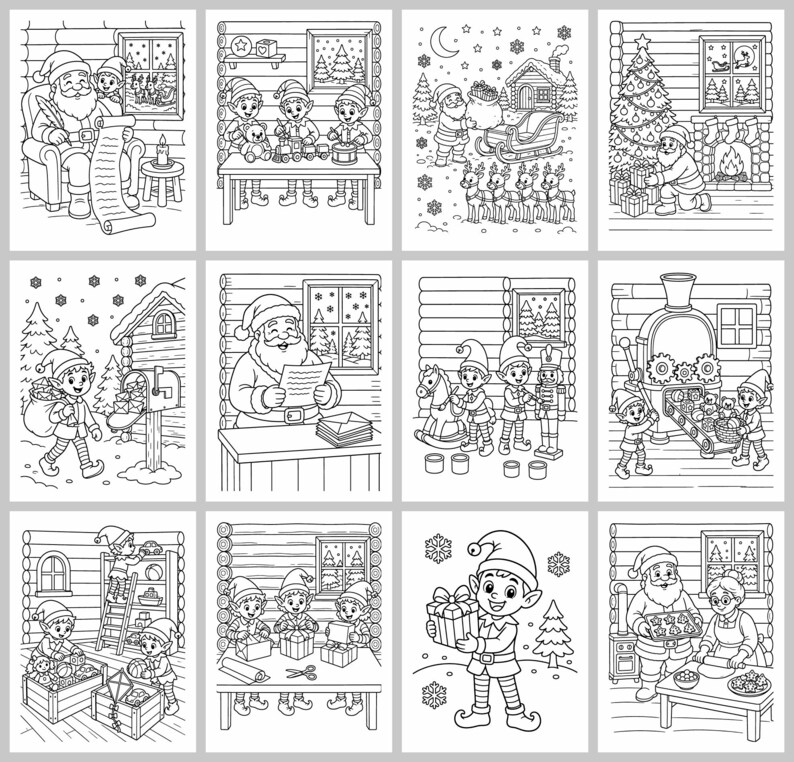 Christmas With Santa Coloring Book for Kids Ages 6-8, 55 Printable Coloring Pages, Santa Elves Reindeer, Instant Download PDF image 6