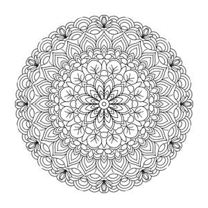 May include: A circular black and white mandala coloring page featuring intricate symmetrical floral and geometric patterns. The design is composed of repeating petal shapes and curved lines. Below the mandala, the text reads: Inhale deeply. Exhale and let go.