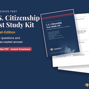 Könnte beinhalten: Ein 2025 U.S. Citizenship Test Study Kit auf Englisch mit dunkelblauem Einband, roten Akzenten, weißem Text und einer Grafik der Freiheitsstatue. Das Set enthält 128 Fragen und Antworten, Lernhilfen und Übungstests für die Prüfung.