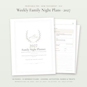 Agenda per serate in famiglia 2027, lezioni bibliche settimanali facili per bambini, idee per serate in famiglia, lezioni pratiche, giochi e spuntini, PDF stampabile.