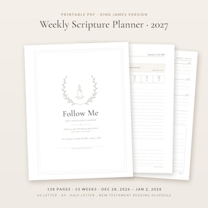 May include: A printable PDF 2027 Weekly Scripture Planner featuring a cover with a candle and laurel wreath illustration, the text Follow Me, and scripture references. Includes interior pages with lined weekly layouts and dated headers.