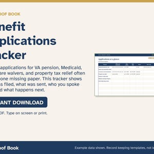 May include: A digital Benefit Applications Tracker document featuring the text THE PROOF BOOK, Benefit Applications Tracker, and a table titled Applications at a glance. It includes an INSTANT DOWNLOAD button and instructions for a fillable PDF.