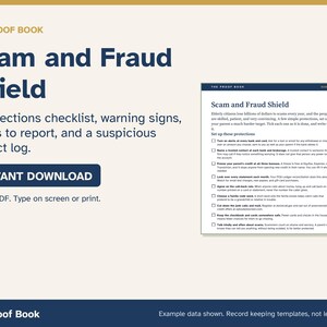May include: A digital document titled The Proof Book Scam and Fraud Shield, featuring a protections checklist, warning signs, reporting resources, and a contact log. The fillable PDF is designed for screen entry or printing.