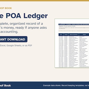 May include: The POA Ledger is a digital record-keeping template for tracking a parent's finances. The document features columns for date, account, payee, category, and money in or out. It is compatible with Excel, Google Sheets, and PDF formats.