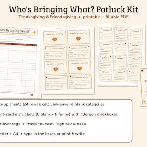 May include: A printable potluck kit featuring a Who's Bringing What sign-up sheet, tent-card dish labels with pumpkin graphics, leftover tags, and a Help Yourself sign. The documents include text fields for event details and allergen checkboxes.