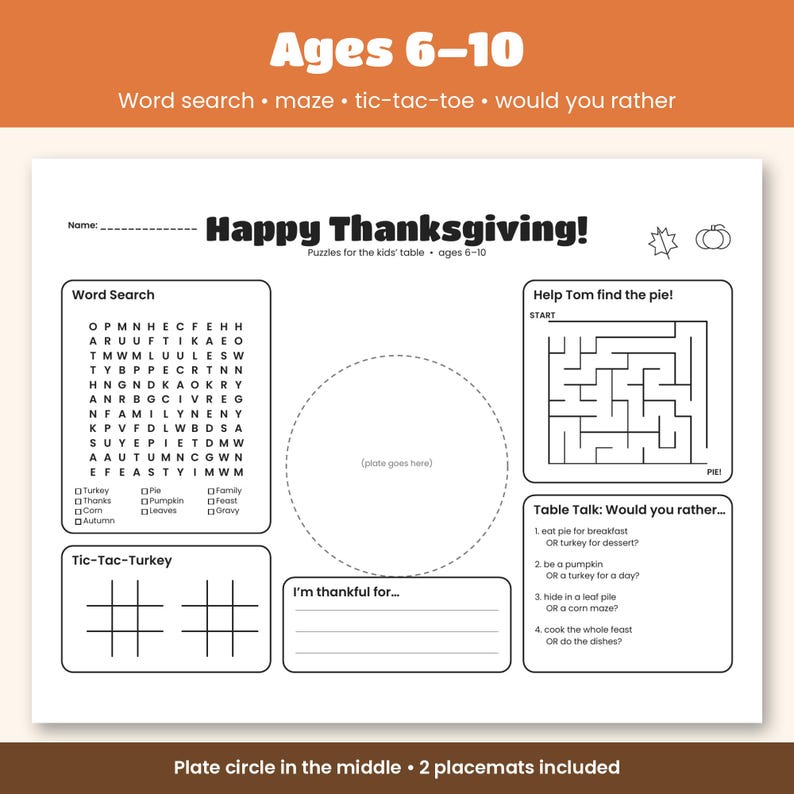 Thanksgiving Placemats for Kids Printable, Kids Table Activity Sheet