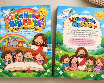May include: Two copies of the Little Hands, Big Faith coloring book. The front cover features a rainbow, Noah's ark with animals, and a figure with children reading a book. The back cover includes descriptive text and a scene of children with a figure.