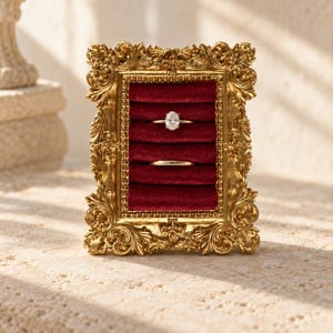 Vintage Ring Holder Frame, Baroque Velvet Jewelry Display Stand, Antique Gold Wedding Flat Lay Photo Prop, Engagement Ring Tray Organizer