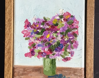 Framed Original Oil Painting on canvas, floral still life, pink flowers, 5x7 art