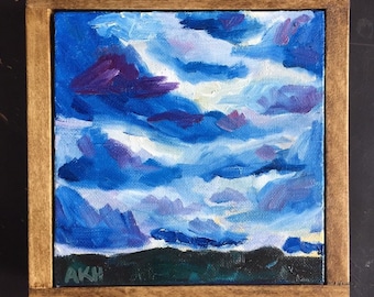 Framed Night Sky Oil Painting, Abstract Impressionism, Honey Oak Frame