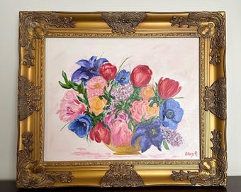 Original oil painting on canvas - floral painting, still life, purple, red, pink, flowers