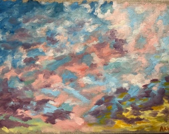 Original oil painting on linen, abstract landscape, sunrise, clouds, sky