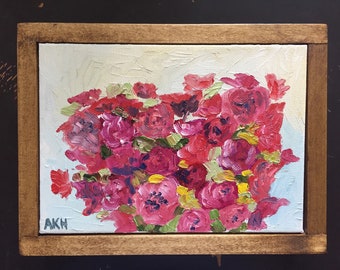 Framed Original Oil Painting on Canvas, pink flowers, still life, impressionism