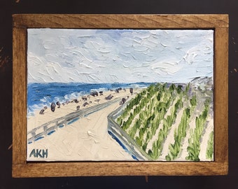 Framed Beach Scene Oil Painting, Jersey Shore Seascape