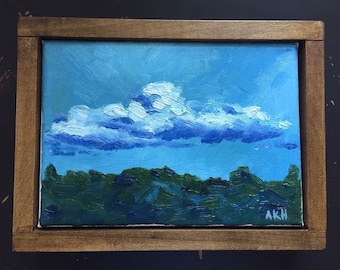 Framed Original Oil Painting on Canvas, clouds, night sky, landscape, impressionism, blue painting