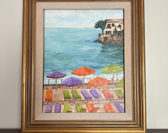 French Riviera Original Oil Painting – Beach Scene, European Landscape