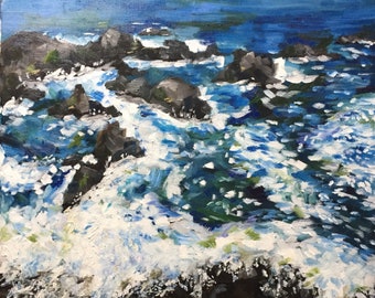 Original oil painting on canvas, Northern Ireland, seascape, ocean scene, Giants Causeway, European landscape